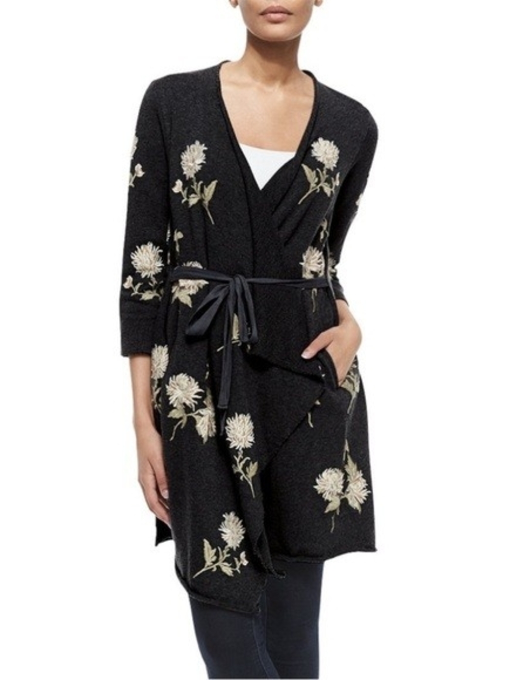 Johnny Was Margarit Floral Embroidered Wrap Cardigan Size L in Black